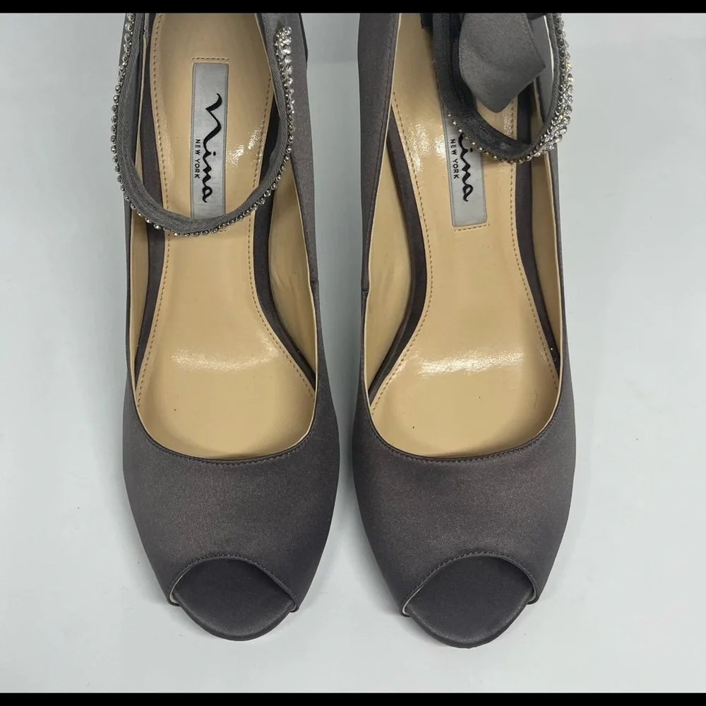 Nina Charcoal Satin Peep-Toe Heels with Rhinestone Ankle Straps and Ribbon Tie